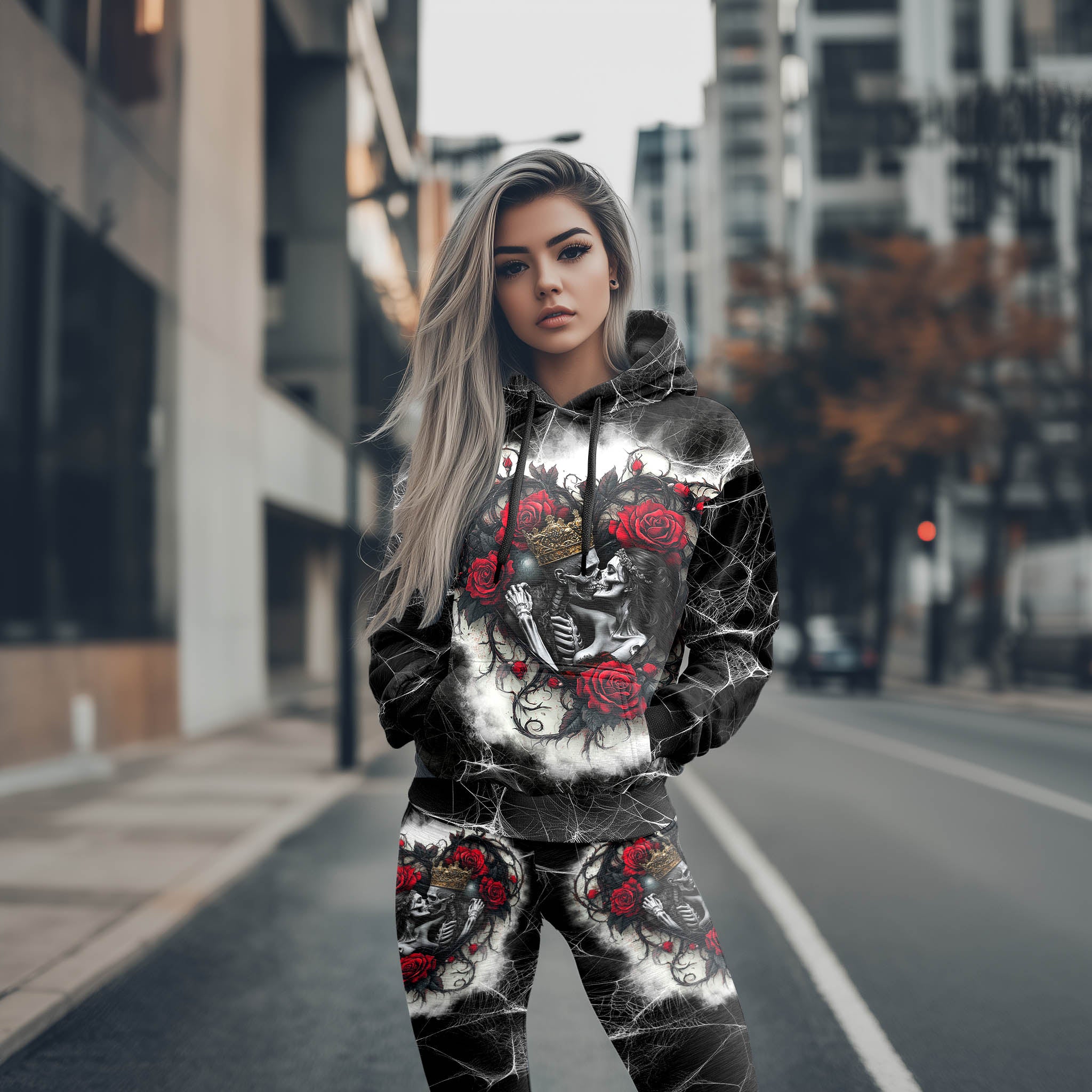 Women Hoodie and Leggings, Couple Skeleton Gothic Outwear Pants Outfit