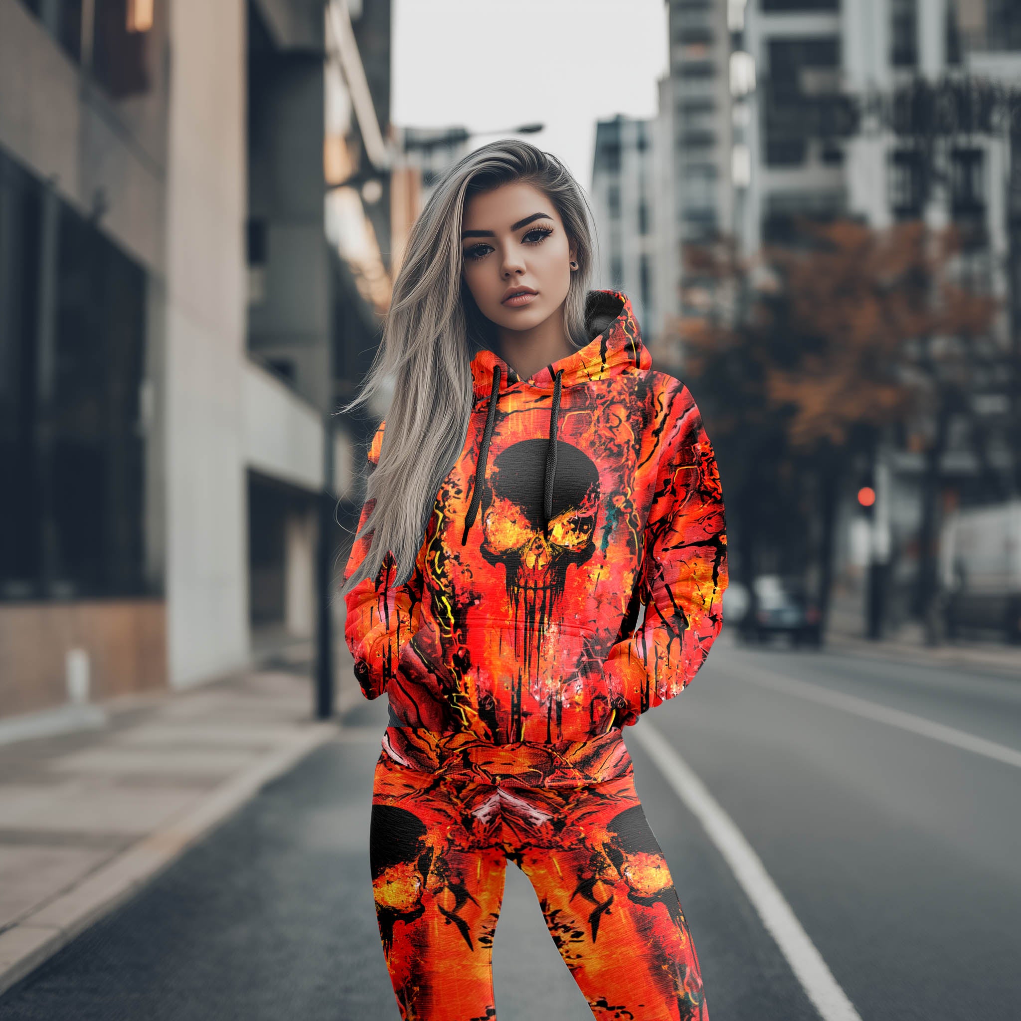 Women Hoodie and Leggings, Lava Skull Melting Art Outwear Pants Outfit