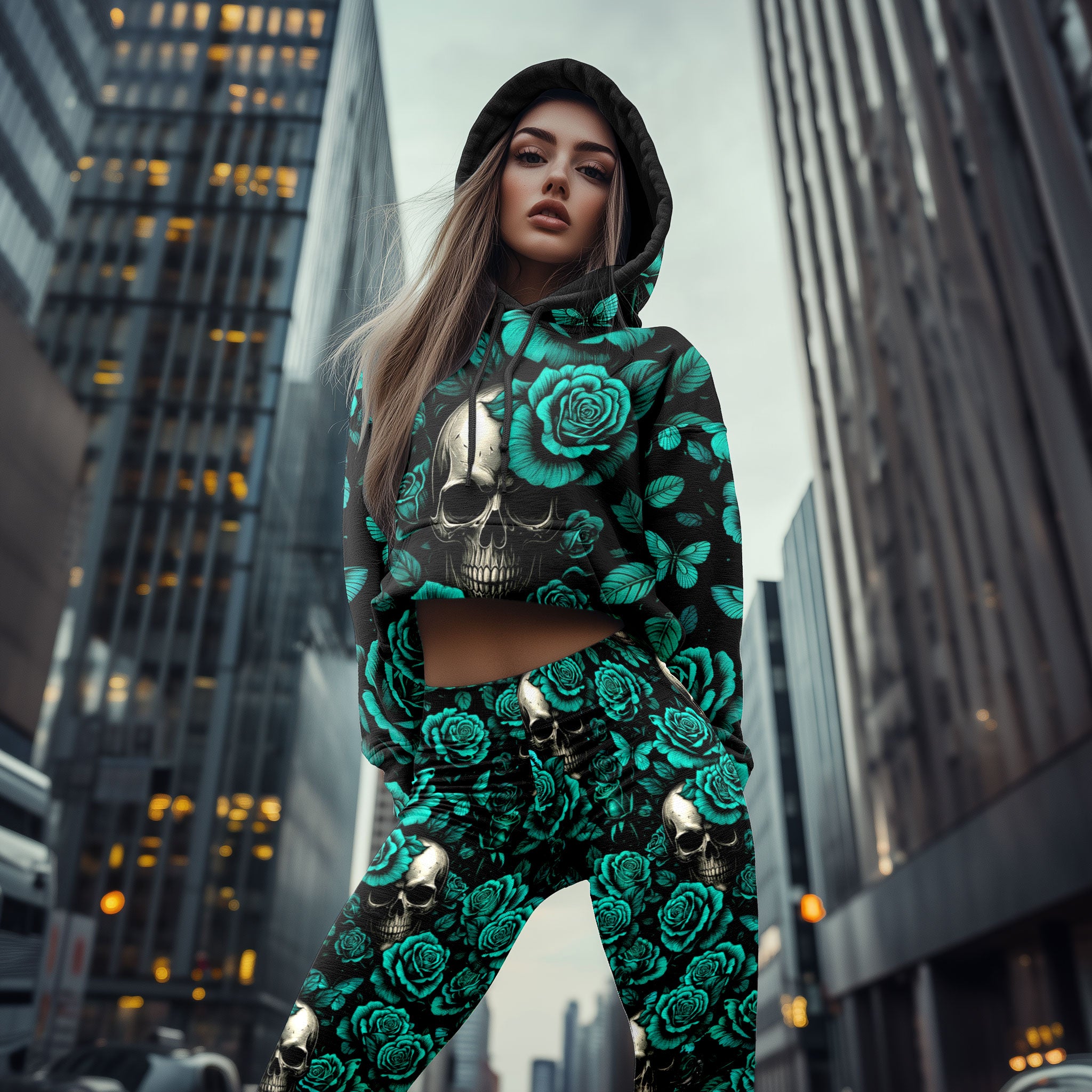 Women Hoodie and Leggings, Cyanide Bloom Skull Outwear Pants Outfit