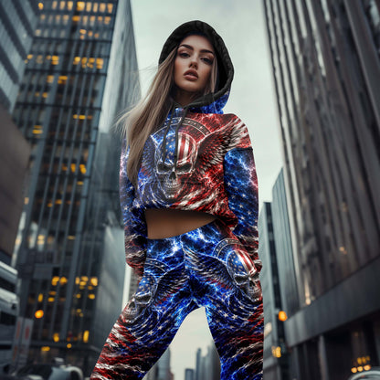 Women Hoodie and Leggings, Patriot Skull Lightning Art Outwear Pants Outfit