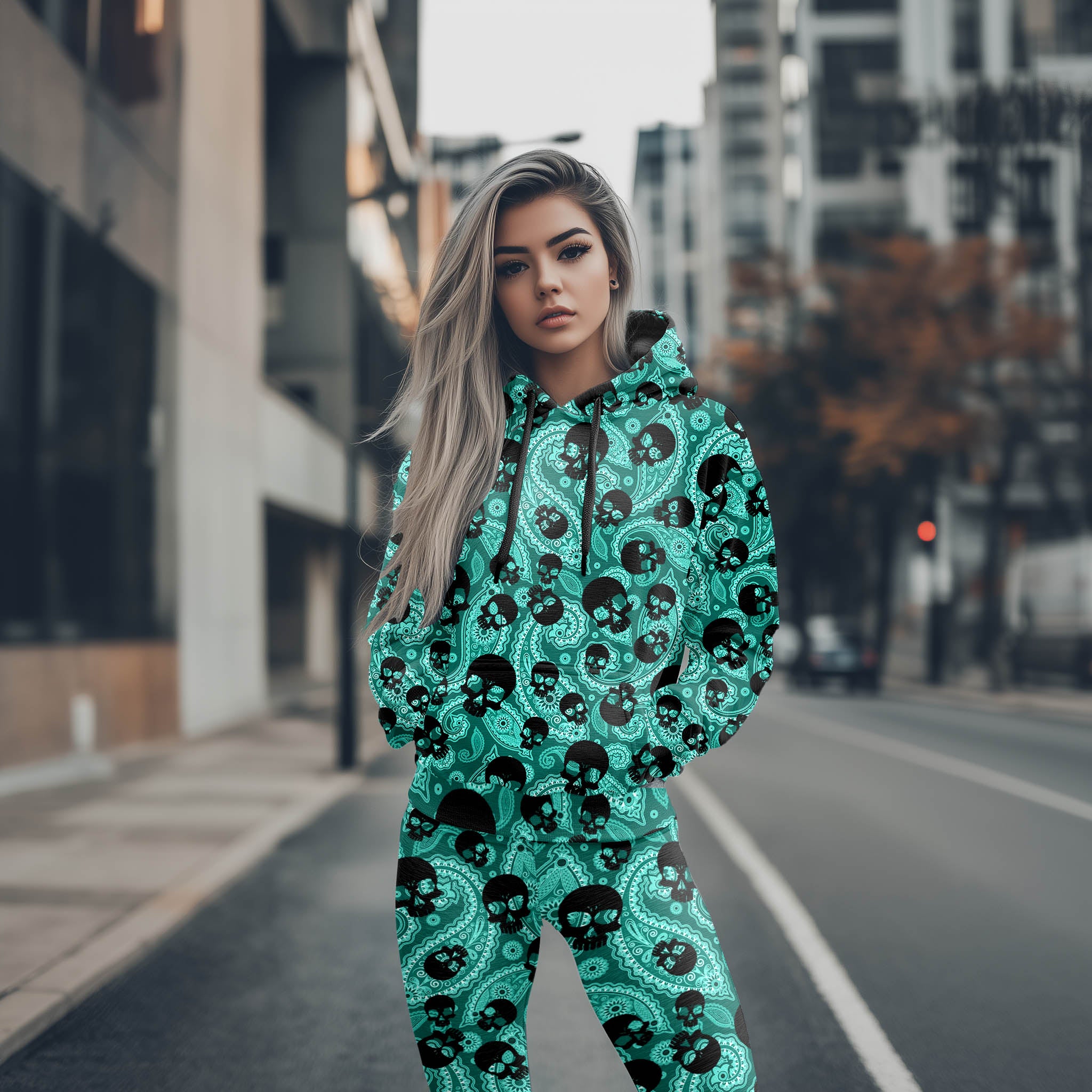 Women Hoodie and Leggings, Cyan Pattern Skull Outwear Pants Outfit