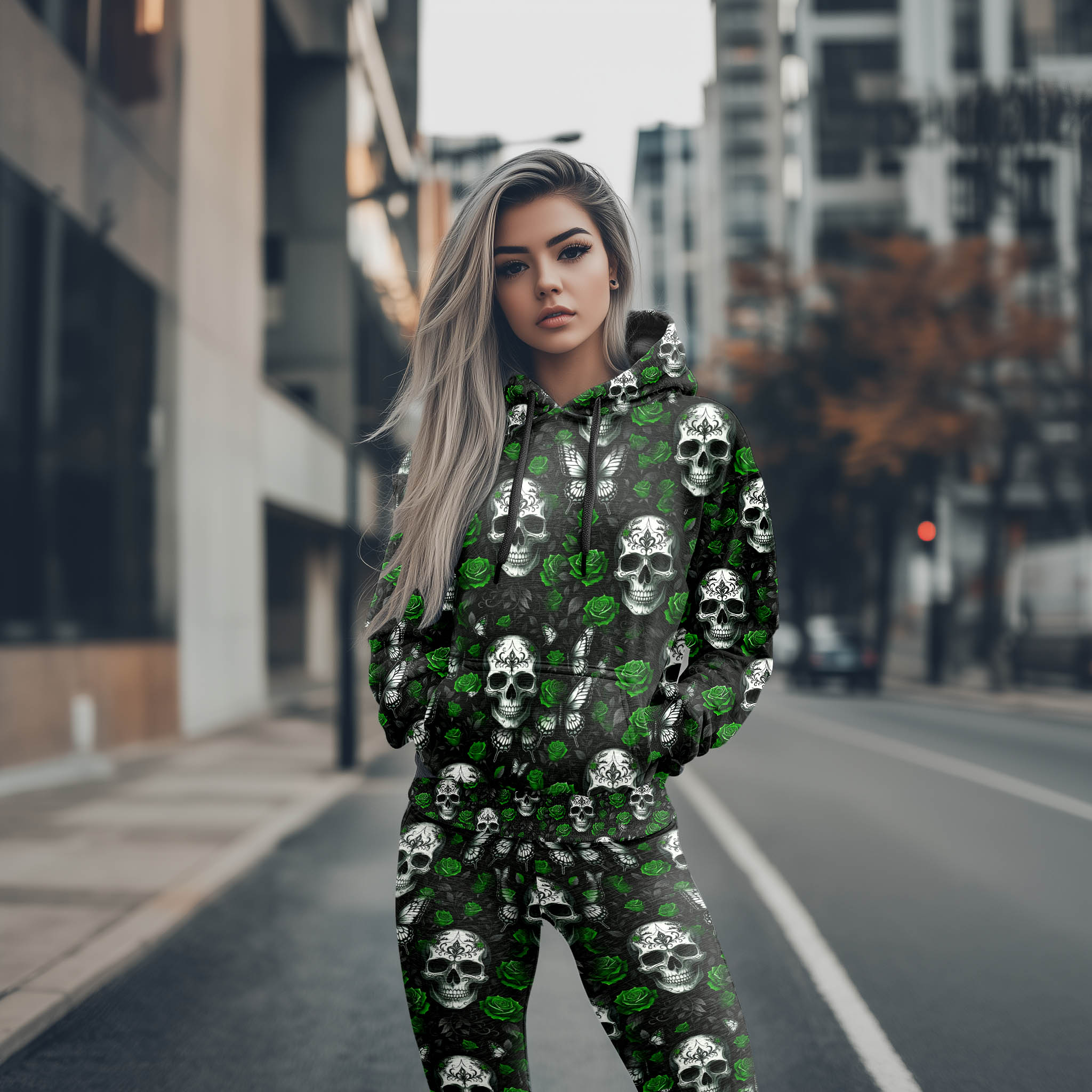 Women Hoodie and Leggings, Green Skull Poison Garden Outwear Pants Outfit
