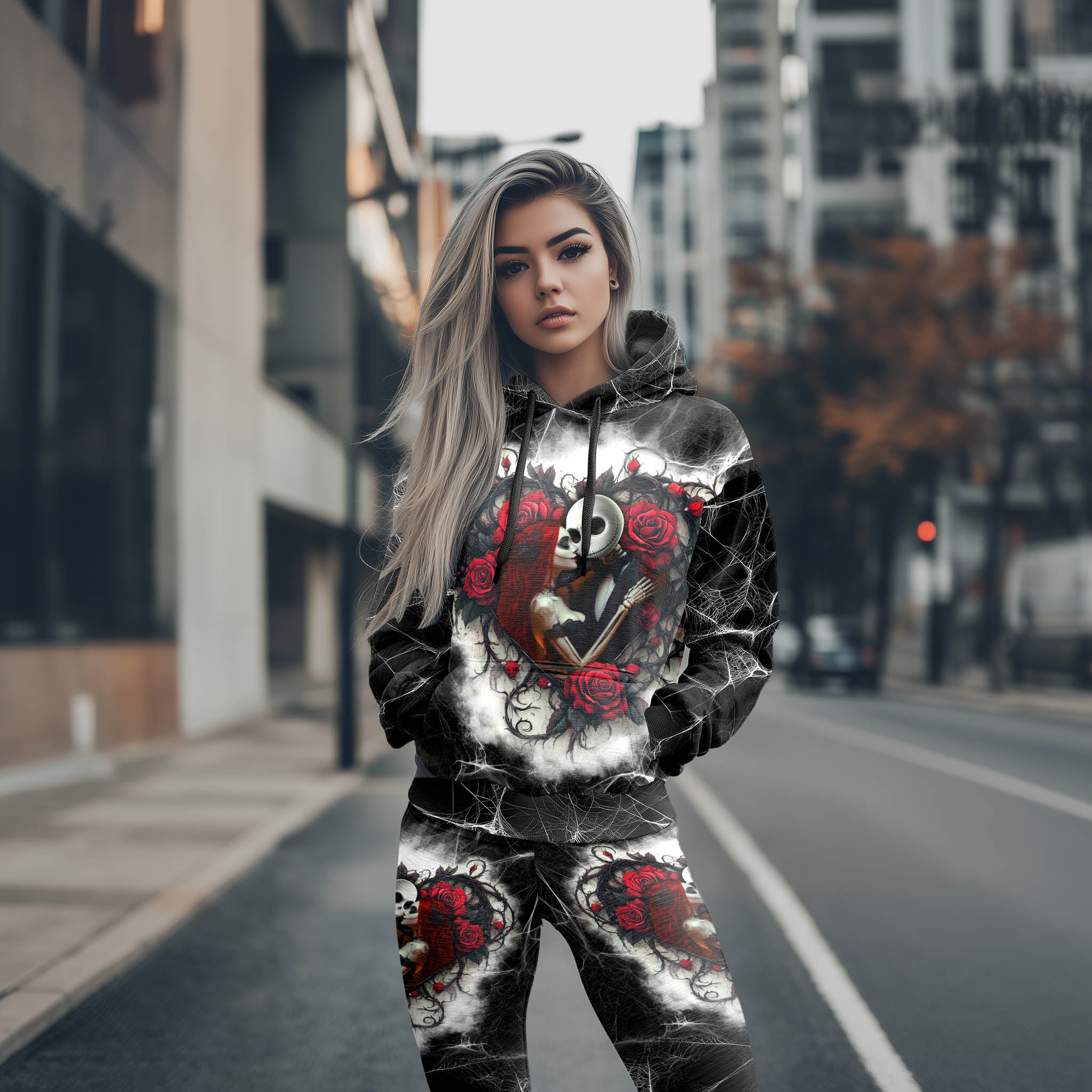 Women Hoodie and Leggings, Couple Skeleton Rose Outwear Pants Outfit