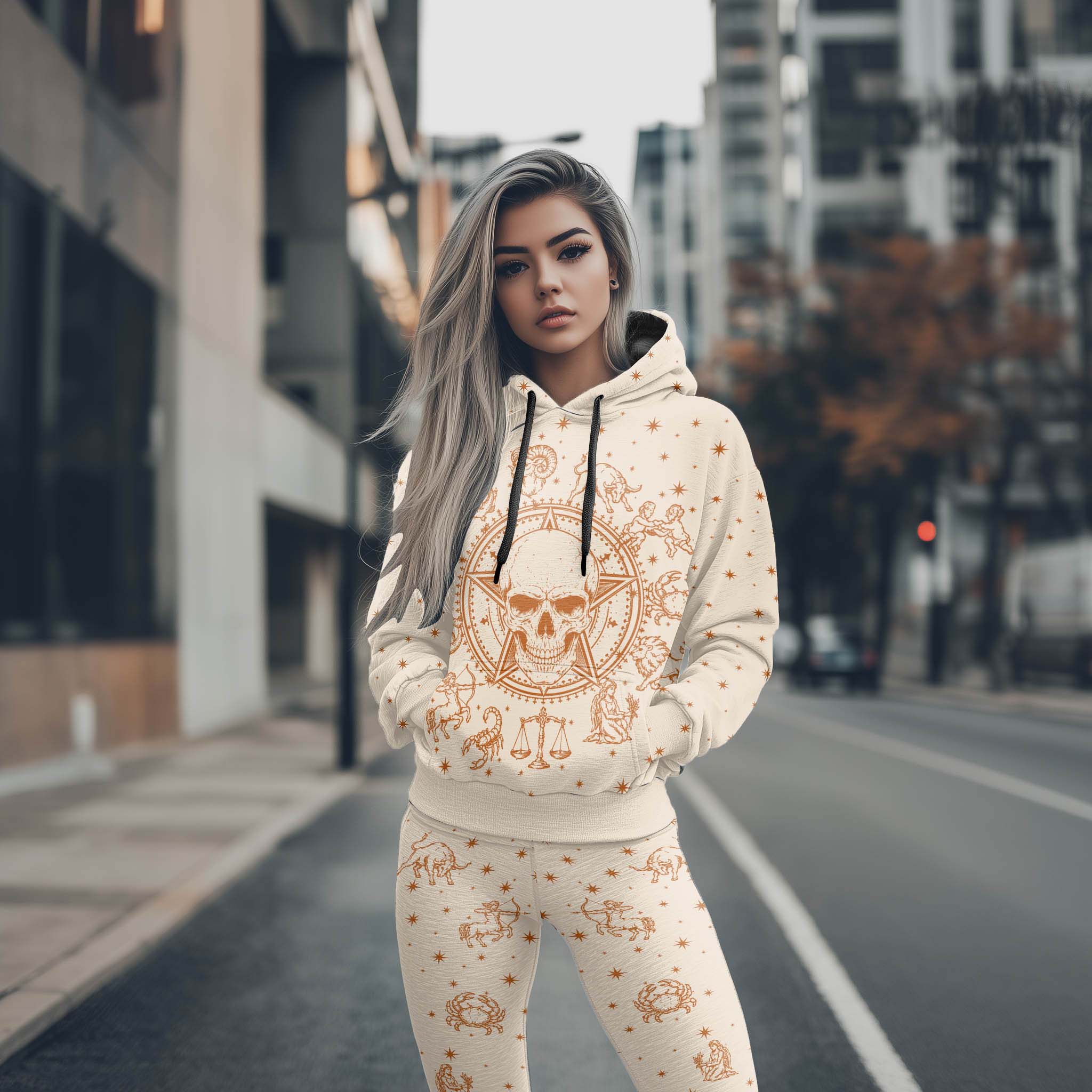 Women Hoodie and Leggings, Cosmic Skull Zodiac Outwear Pants Outfit