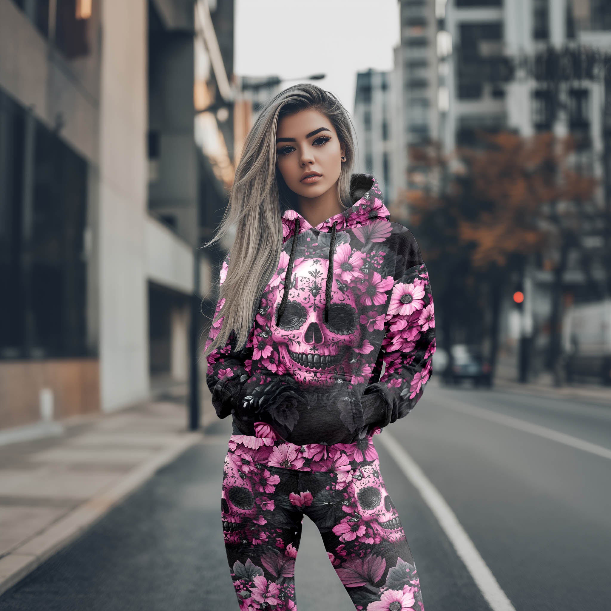 Women Hoodie and Leggings, Pink Skull Flower Outwear Pants Outfit