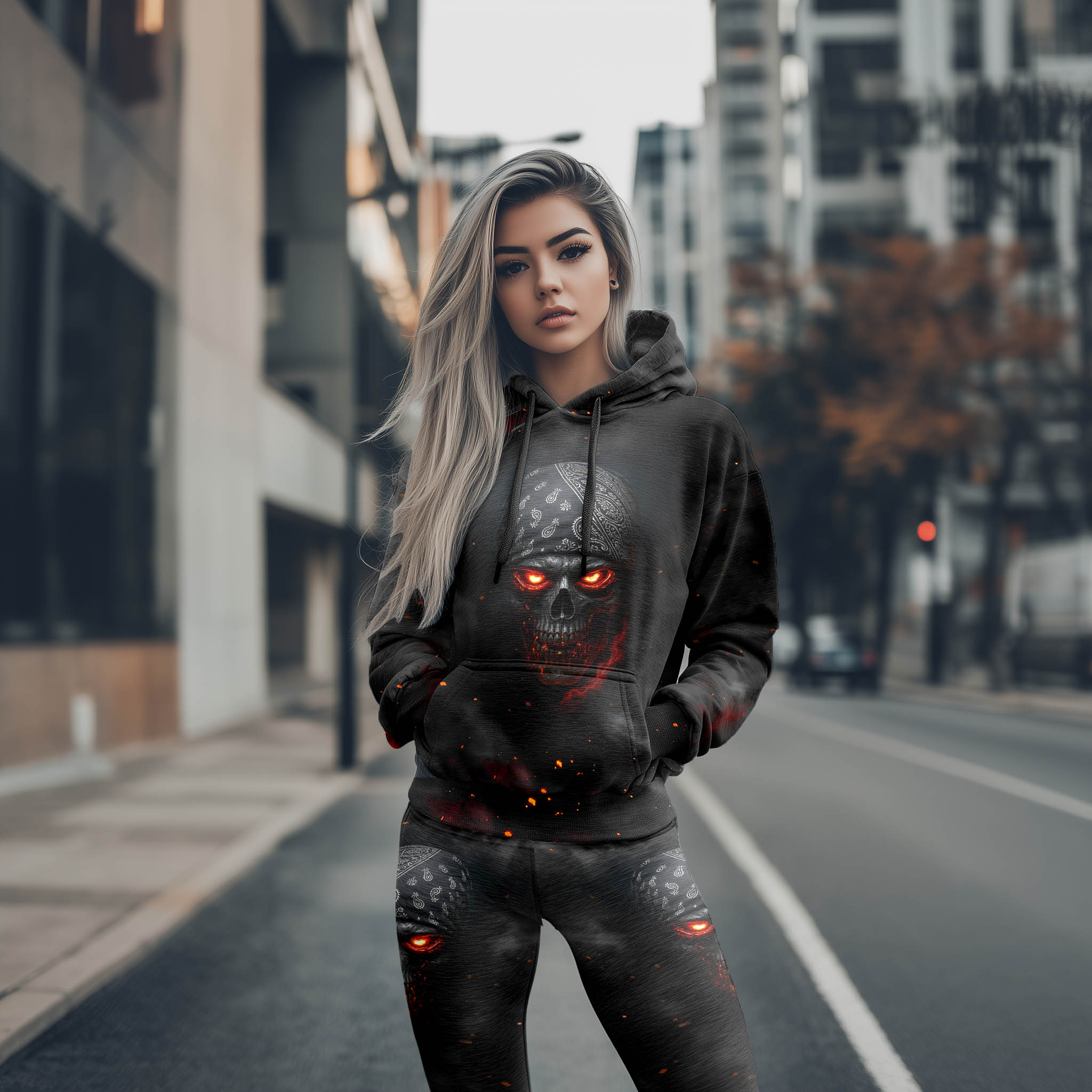 Women Hoodie and Leggings, Skull Paisley Smoke Art Outwear Pants Outfit