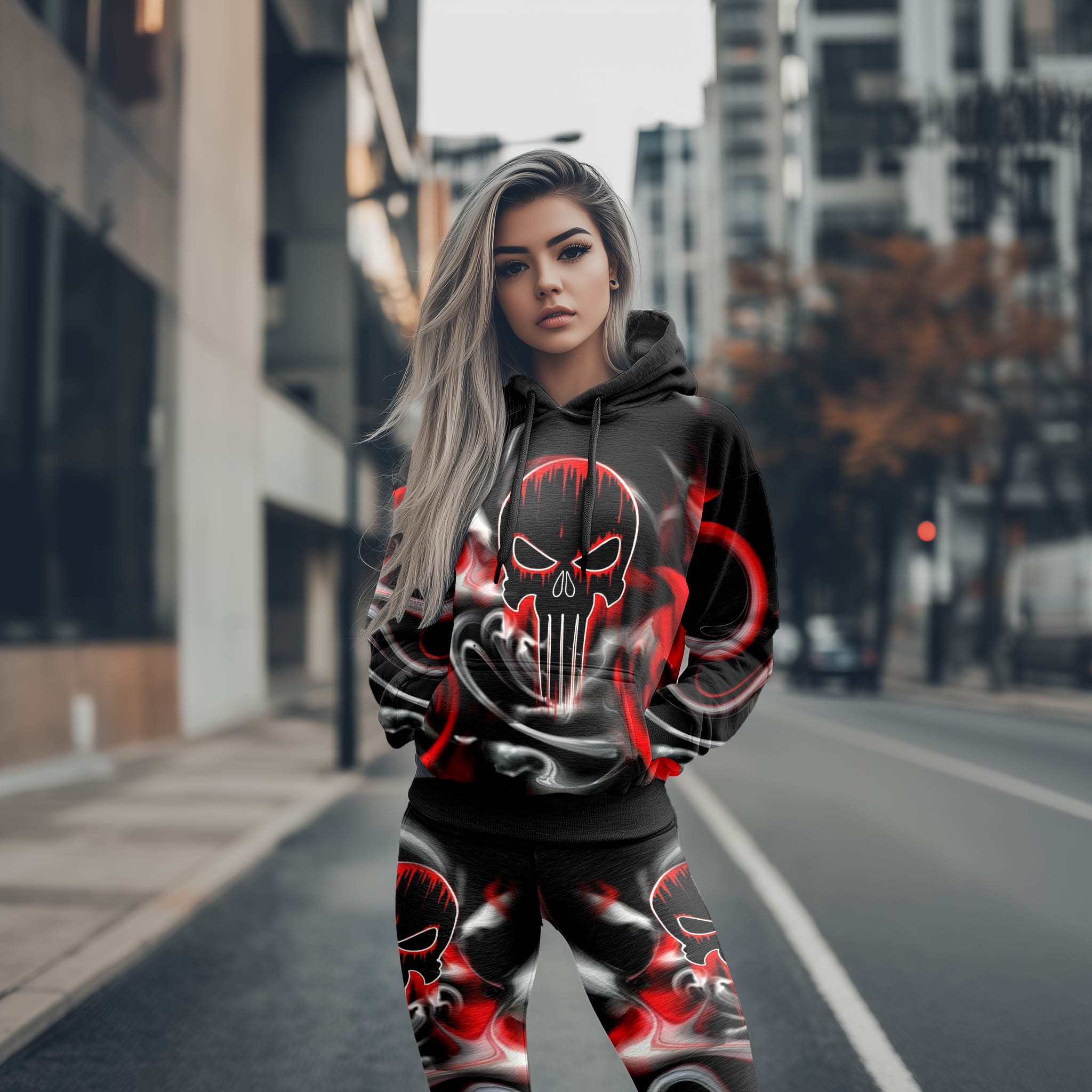 Women Hoodie and Leggings, Skull Melting Soul Art Outwear Pants Outfit