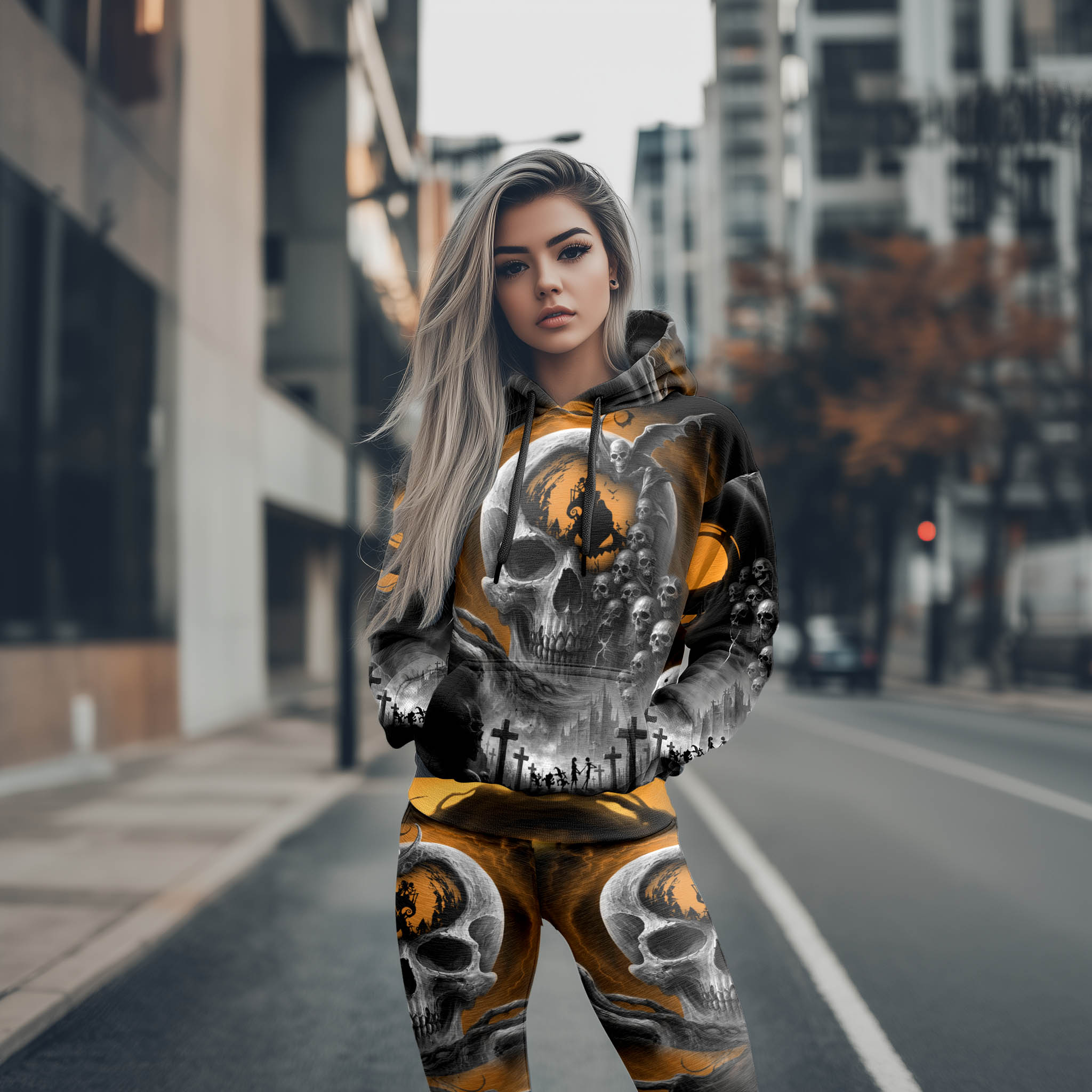 Women Hoodie and Leggings, Moonlight Skull Couple Outwear Pants Outfit