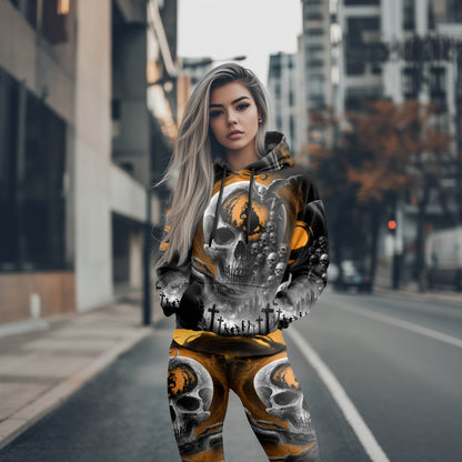 Women Hoodie and Leggings, Moonlight Skull Couple Outwear Pants Outfit