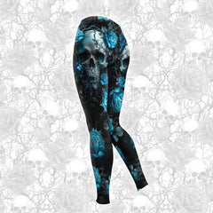 Black Blue Skull Rose Combo Hoodie and Leggings - Dark and edgy matching set with skull designs for a unique and stylish look