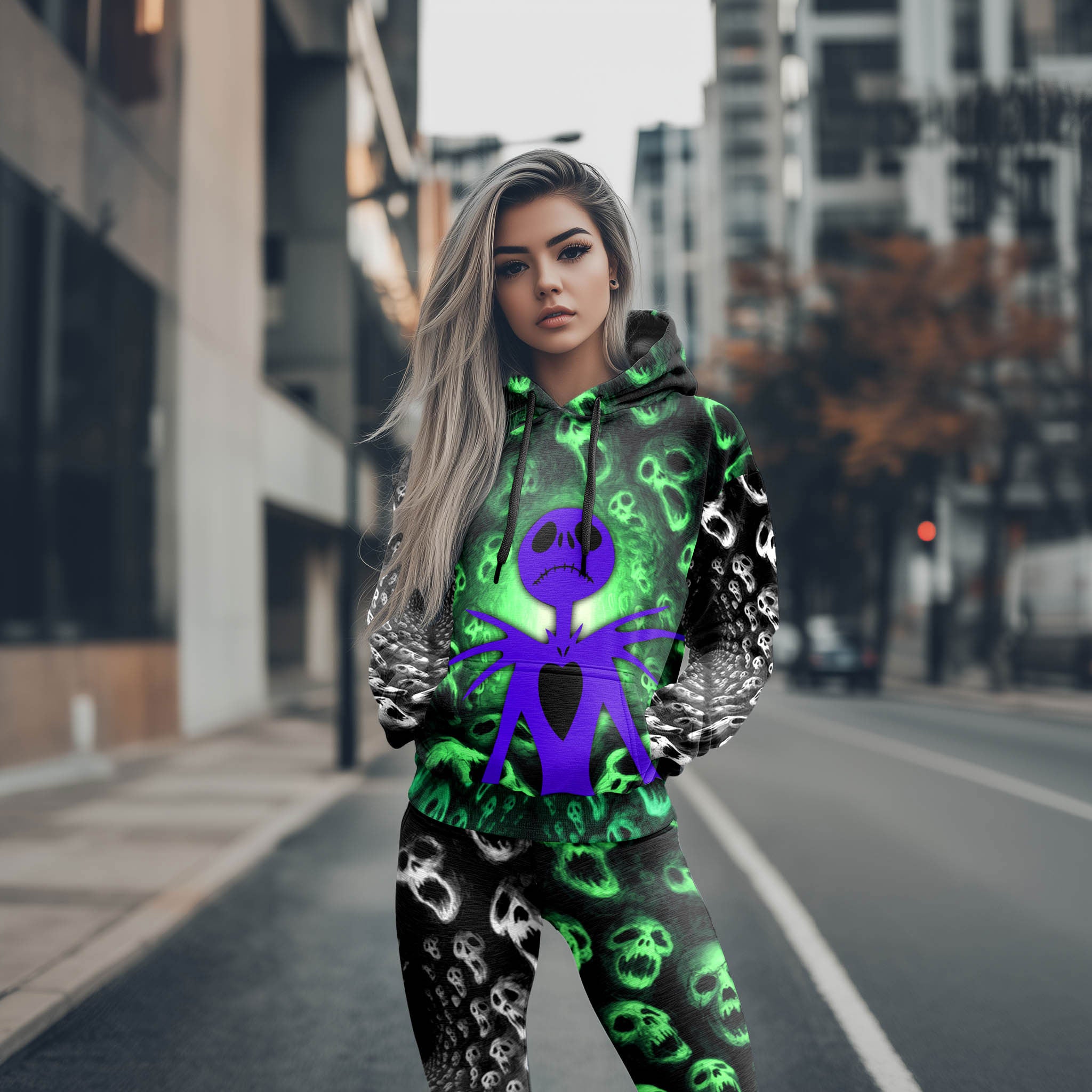 Women Hoodie and Leggings, Green Haunted Skeleton Outwear Pants Outfit