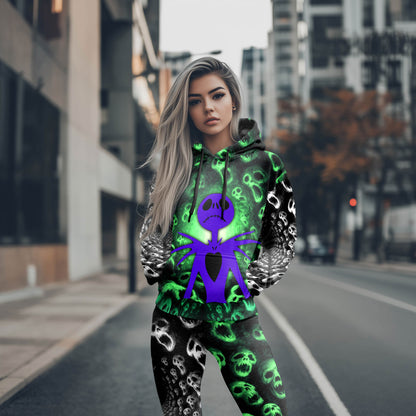 Women Hoodie and Leggings, Green Haunted Skeleton Outwear Pants Outfit