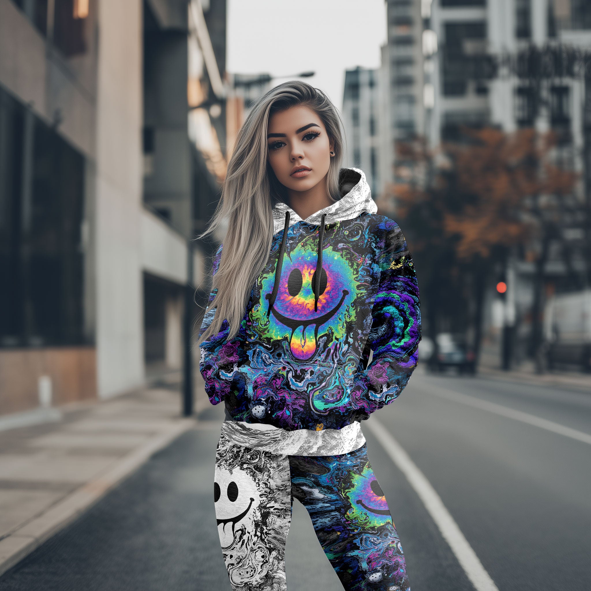Women Hoodie and Leggings, Melting Smile Grin Outwear Pants Outfit