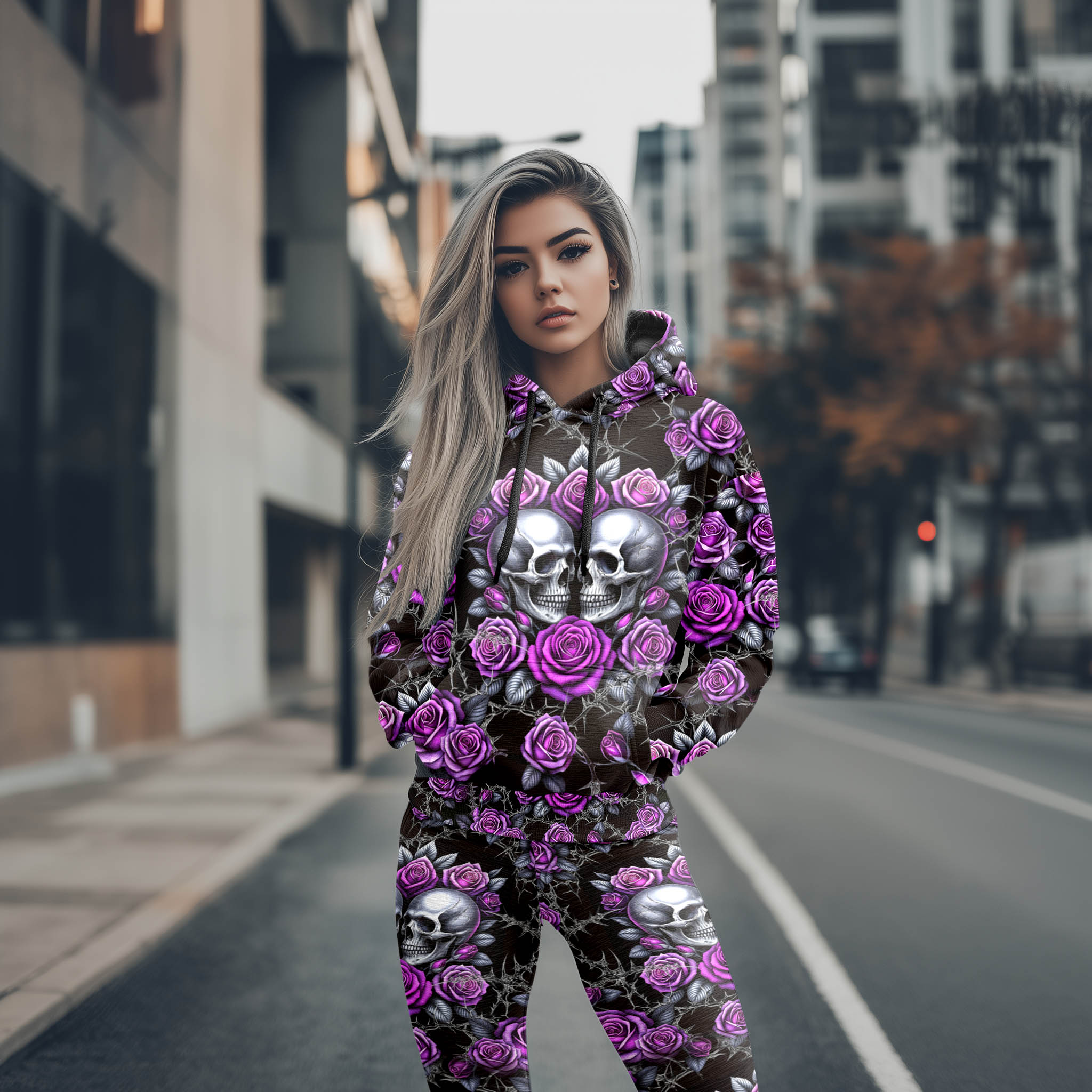 Women Hoodie and Leggings, Purple Thorns Skull Desire Outwear Pants Outfit