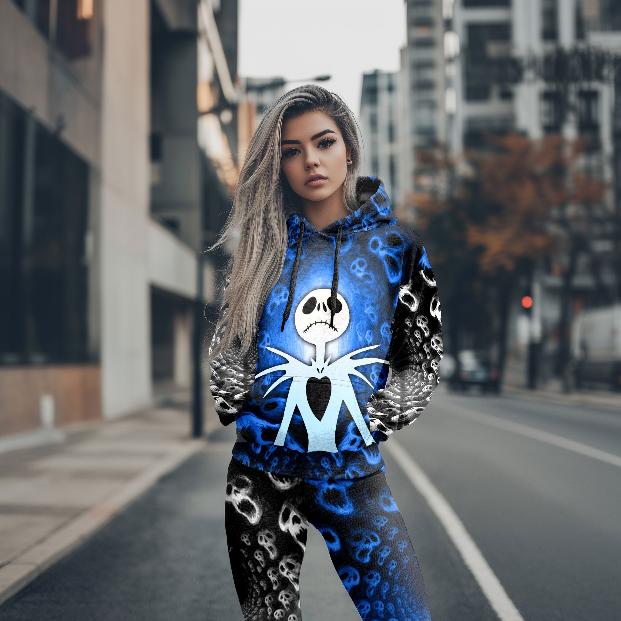 Women Hoodie and Leggings, Blue Haunted Skeleton Outwear Pants Outfit