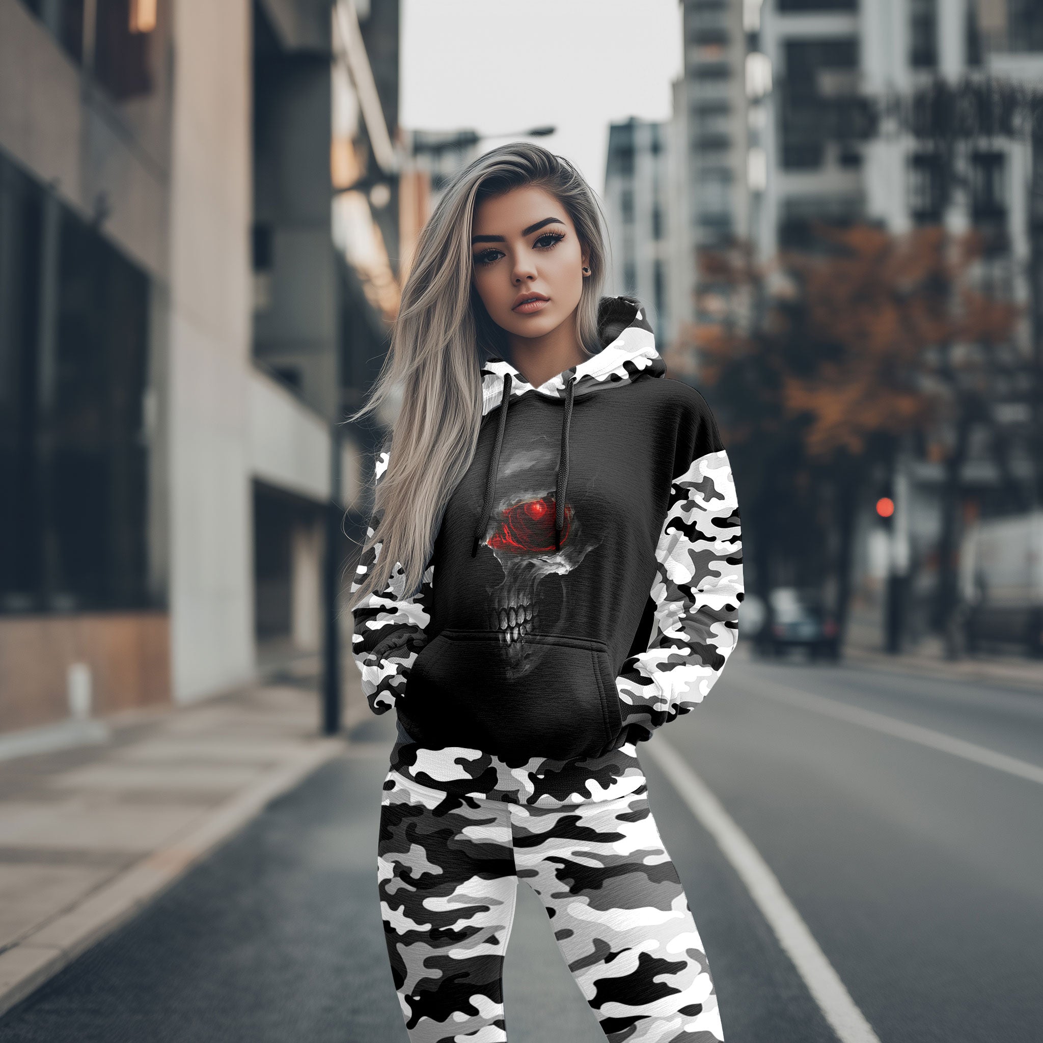 Women Hoodie and Leggings, Camo Scary Skull Outwear Pants Outfit