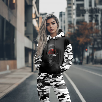 Women Hoodie and Leggings, Camo Scary Skull Outwear Pants Outfit