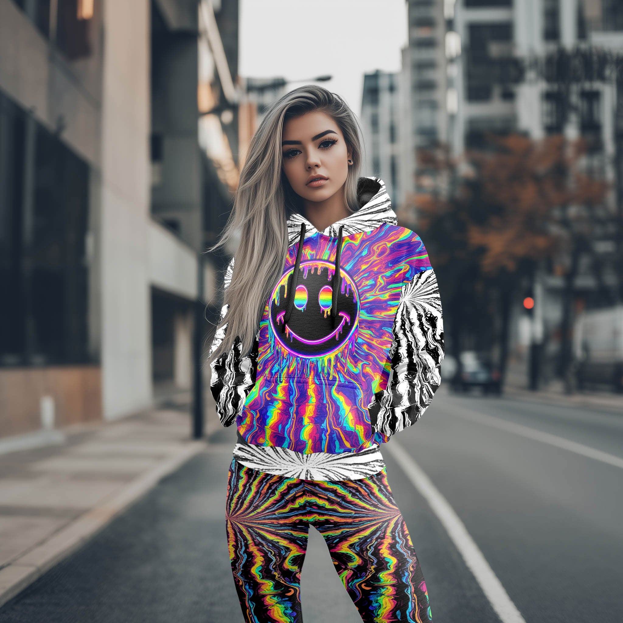 Women Hoodie and Leggings, Blacklight Melt Smile Outwear Pants Outfit