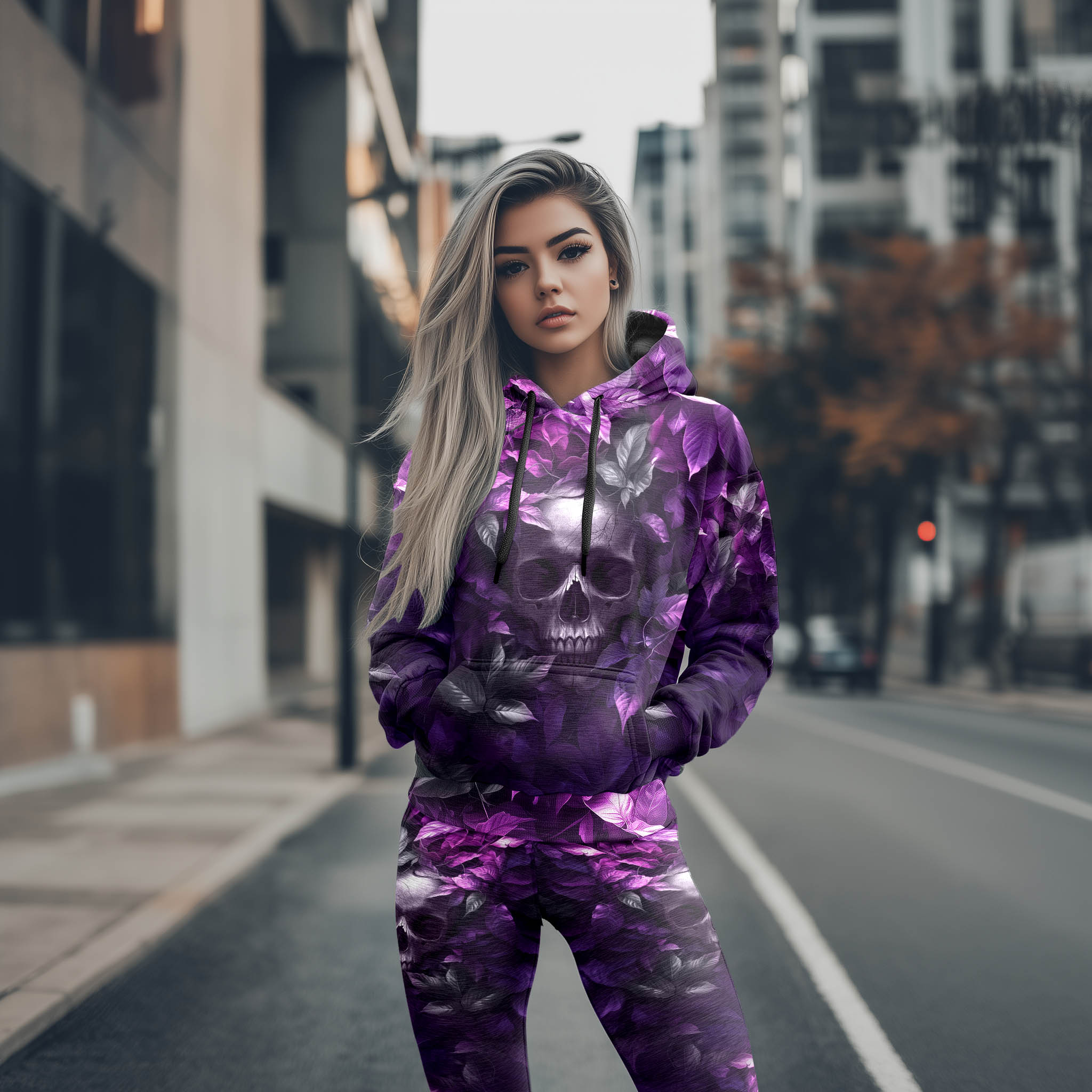Women Hoodie and Leggings, Purple Skull Leaf Art Outwear Pants Outfit