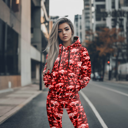 Women Hoodie and Leggings, Red Flower Skull Pattern Outwear Pants Outfit
