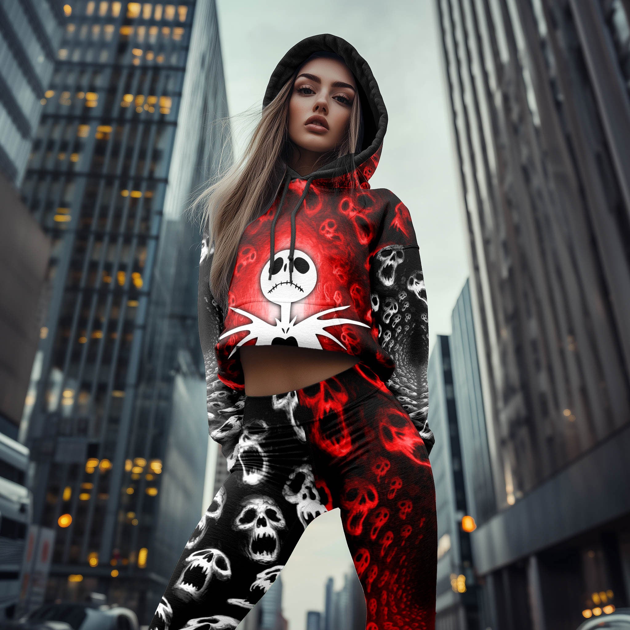 Women Hoodie and Leggings, Red Haunted Skeleton Outwear Pants Outfit