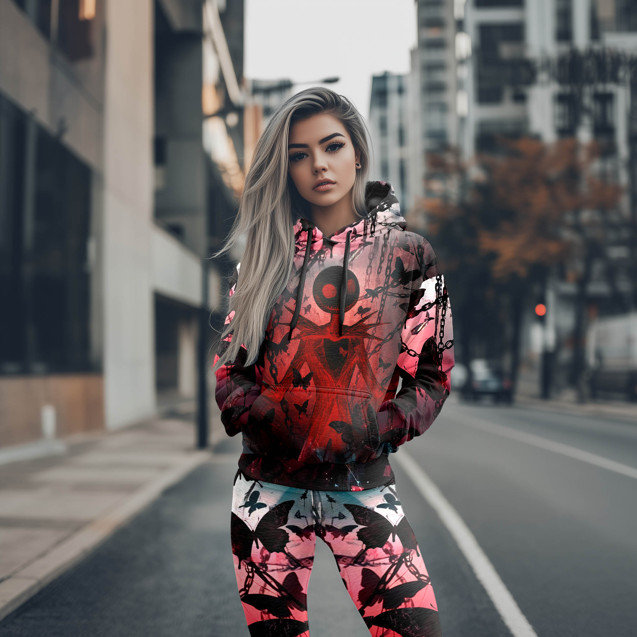 Women Hoodie and Leggings, Grunge Skeleton Butterfly Outwear Pants Outfit