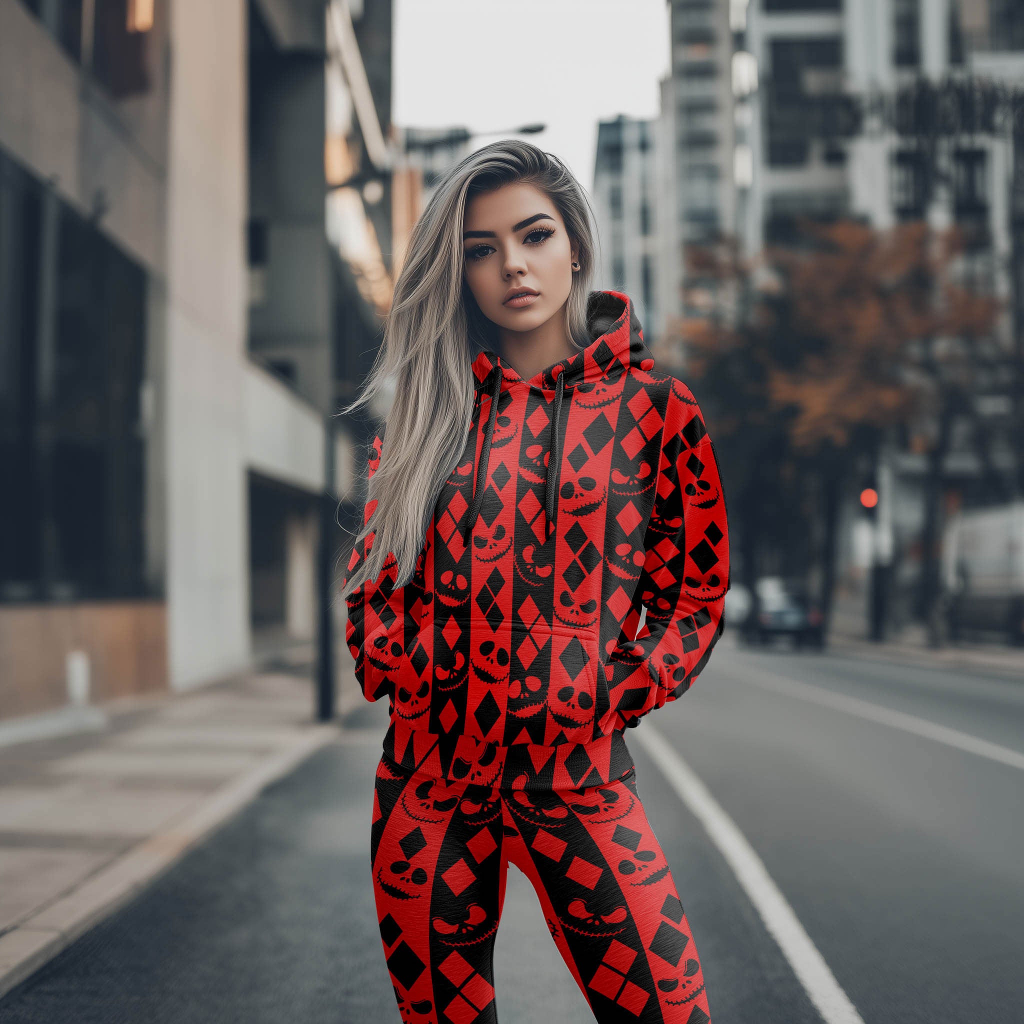 Women Hoodie and Leggings, Red Shadow Skull Pattern Outwear Pants Outfit