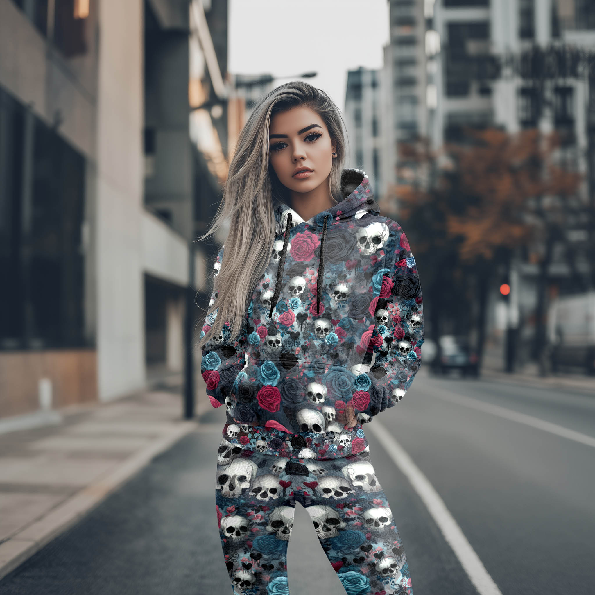 Women Hoodie and Leggings, Bleeding Roses & Broken Skulls Outwear Pants Outfit