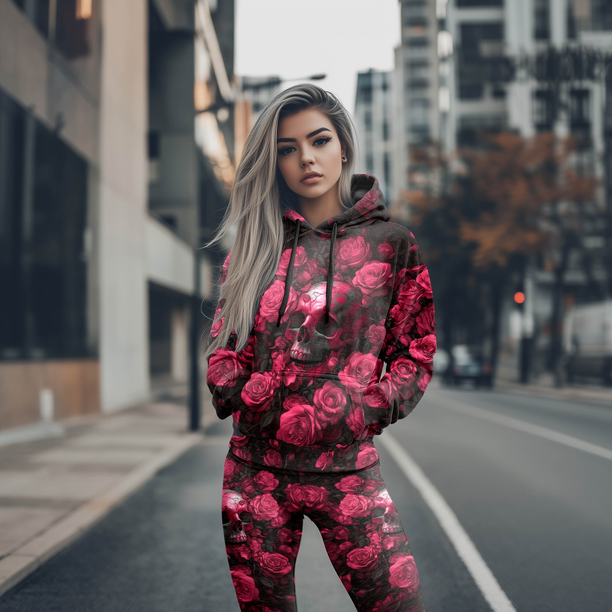 Women Hoodie and Leggings, Pink Skull Rose Artwork Outwear Pants Outfit