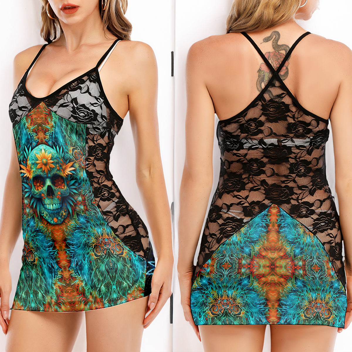 Abstract Skull Leaf Women's Black Lace Cami Dress Babydolls Nightgowns