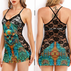 Abstract Skull Leaf Women's Black Lace Cami Dress Babydolls Nightgowns