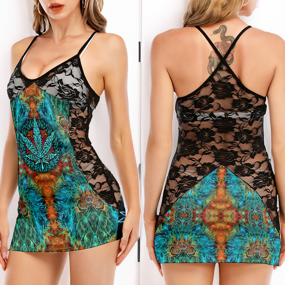 Abstract Leaf Art Women's Black Lace Cami Dress Babydolls Nightgowns