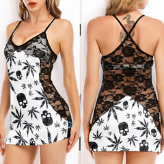 Black Skull Leaf Pattern Women's Black Lace Cami Dress Babydolls Nightgowns