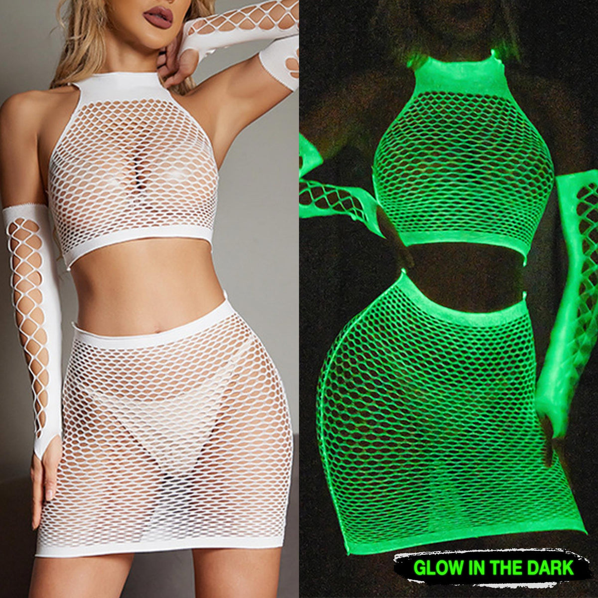 Sexy Glowing Fishnet Bodysuit Tights For Women, Erotic Lingerie Cosplay - Wonder Skull