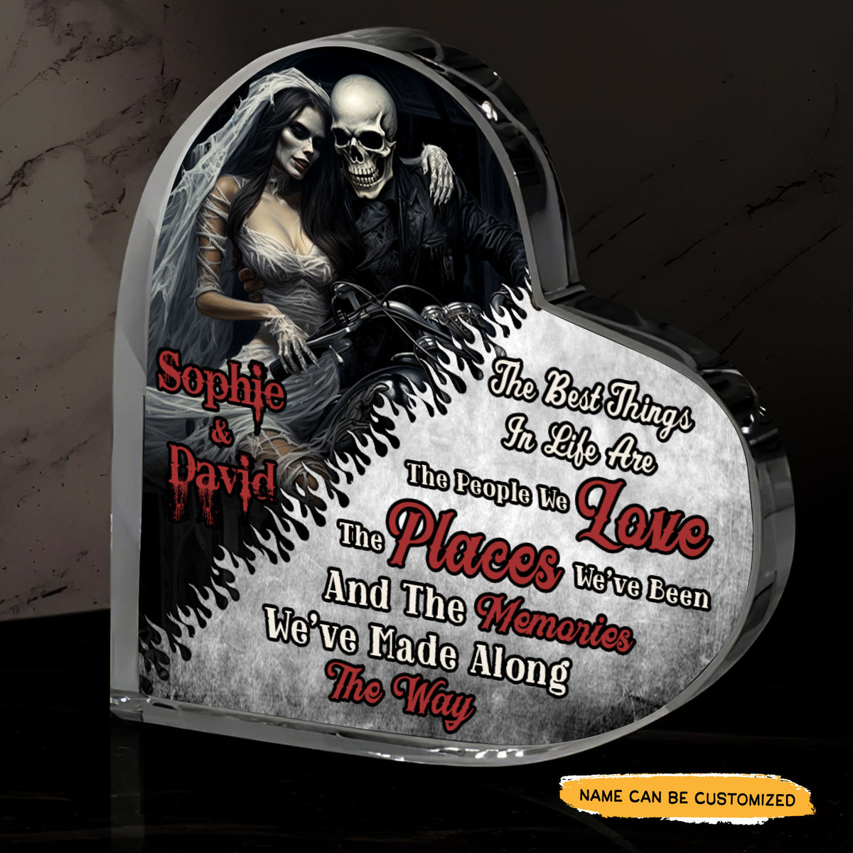 Love Places Memories - Customized Skull Couple Crystal Heart Anniversary Gifts