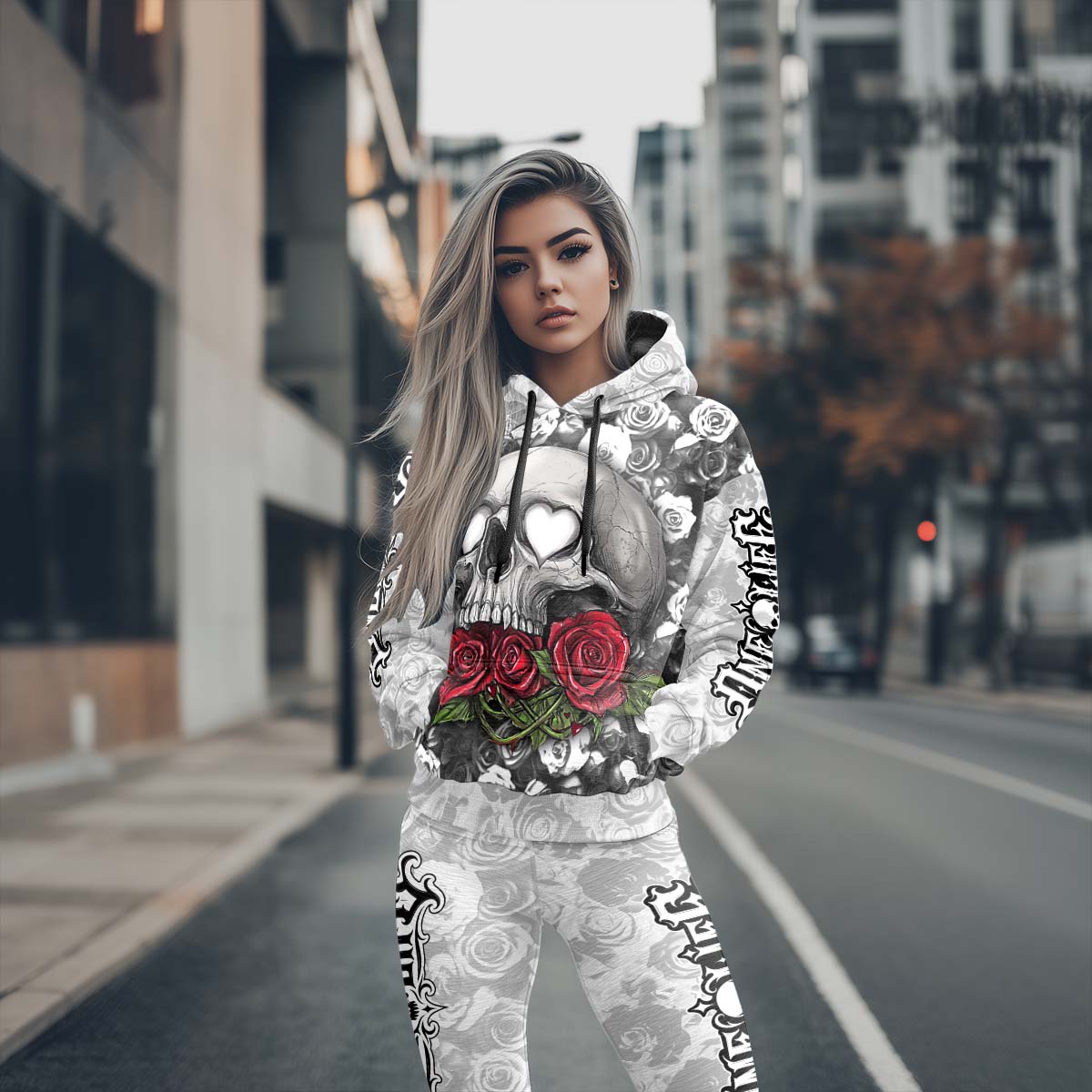 Women Hoodie and Leggings, Blood Roses Skull Art Outwear Pants Outfit
