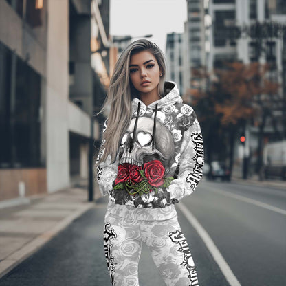 Women Hoodie and Leggings, Blood Roses Skull Art Outwear Pants Outfit