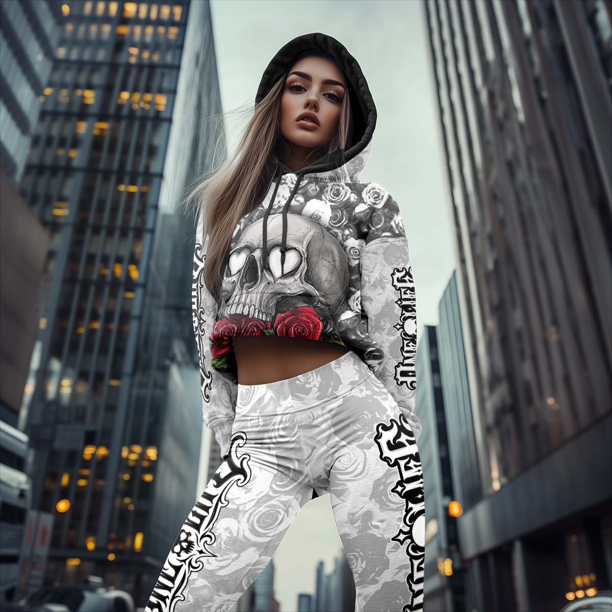 Women Hoodie and Leggings, Blood Roses Skull Art Outwear Pants Outfit