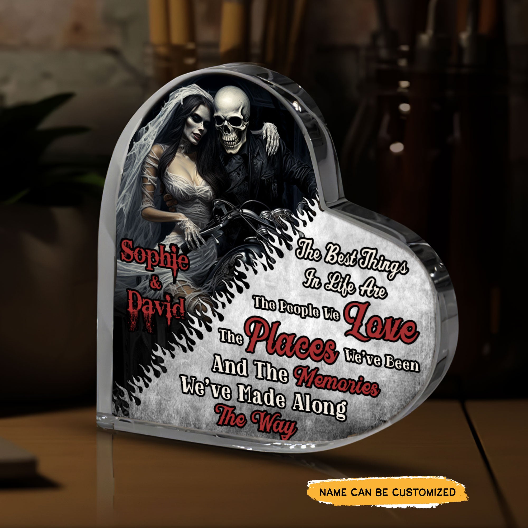 Love Places Memories - Customized Skull Couple Crystal Heart Anniversary Gifts