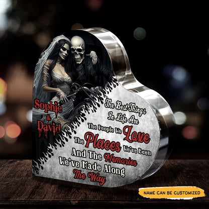 Love Places Memories - Customized Skull Couple Crystal Heart Anniversary Gifts