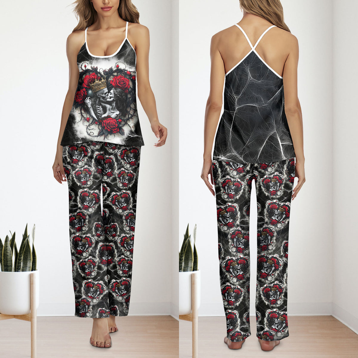 Couple Skeleton Rose Pattern Cami Pajamas Sets For Women Sleepwears Combo