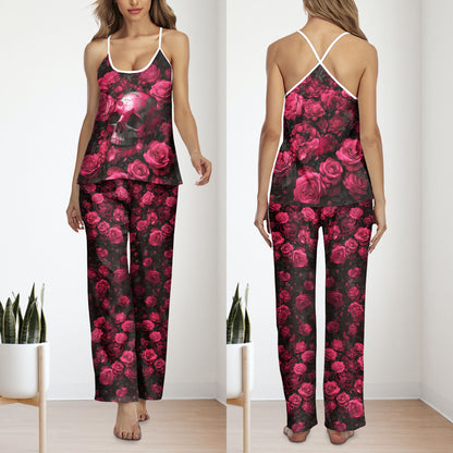Pink Skull Rose Grunge Cami Pajamas Sets For Women Sleepwears Combo