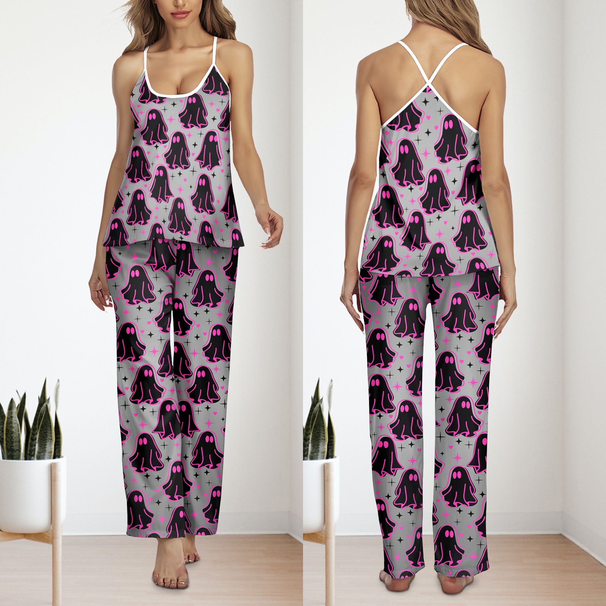 Pink Boo Pattern Cami Pajamas Sets For Women Sleepwears Combo