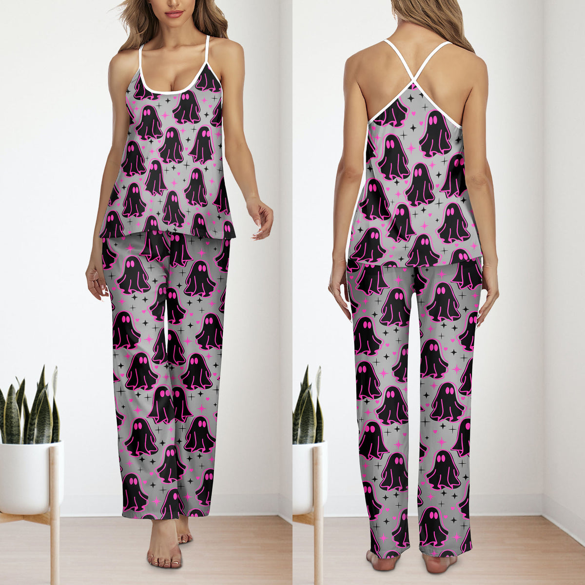 Pink Boo Pattern Cami Pajamas Sets For Women Sleepwears Combo