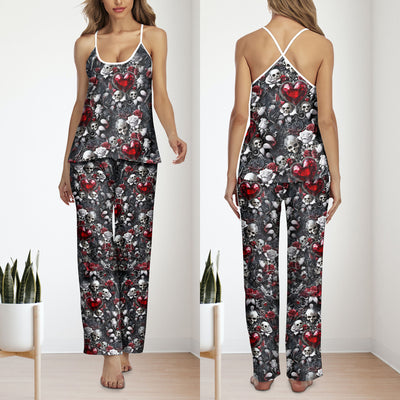 Skull Filigree Diamond Pattern Cami Pajamas Sets For Women Sleepwears Combo