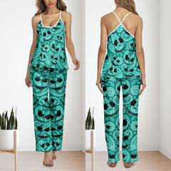 Cyan Butterfly Pattern Pajamas Sets For Women Sleepwears Combo