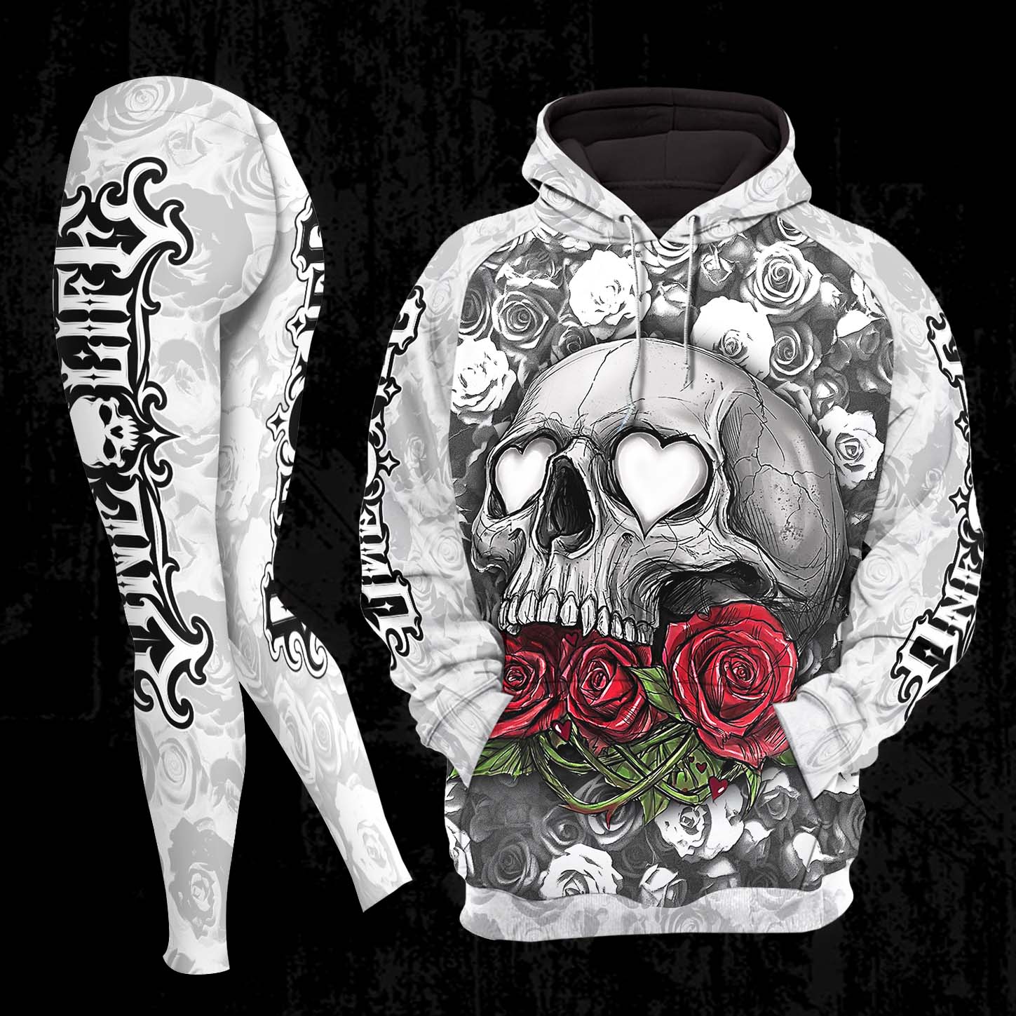 Women Hoodie and Leggings, Blood Roses Skull Art Outwear Pants Outfit