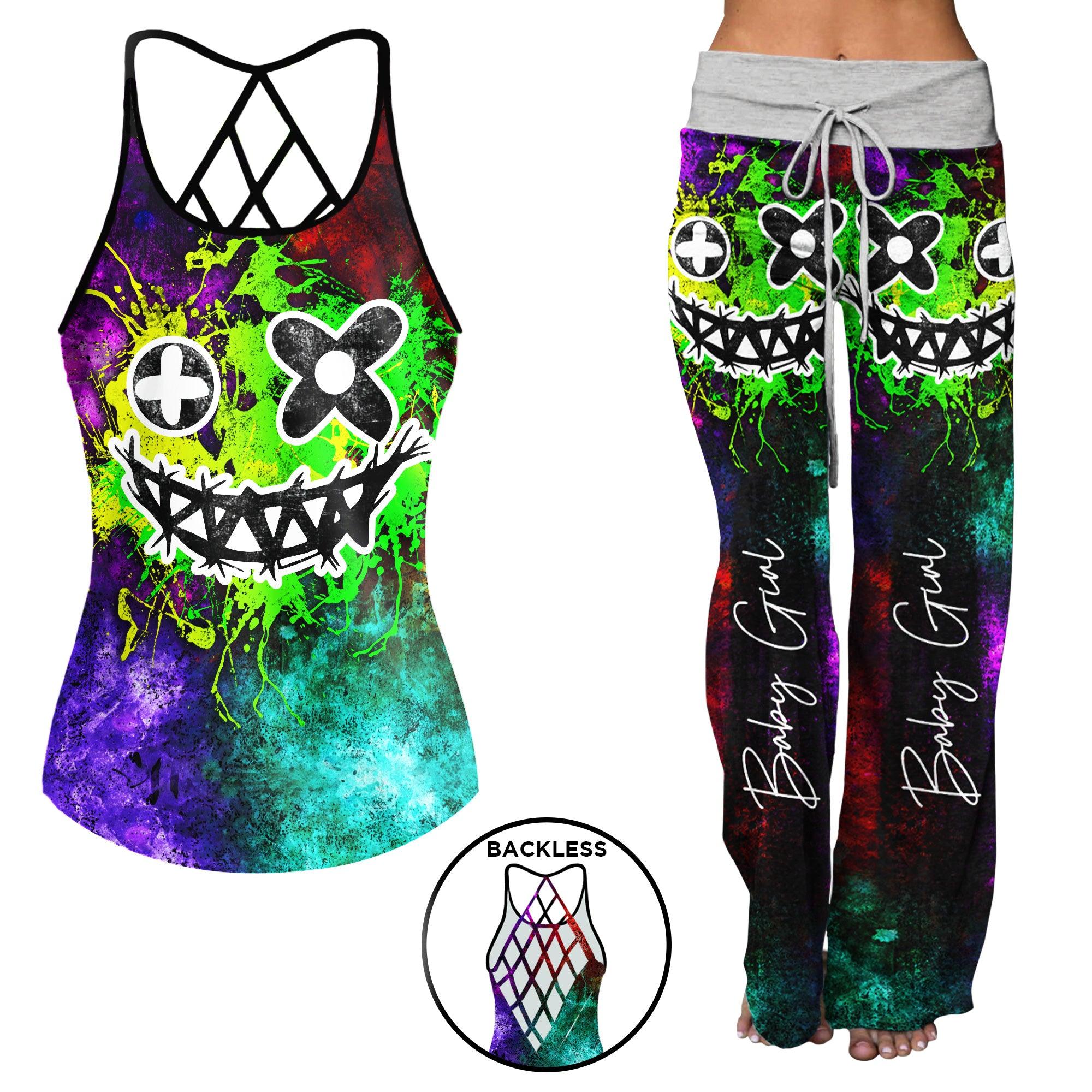 Color Rainbow Emo Skull Gothic Backless tanktop and Wide Pants Sets - Wonder Skull