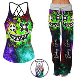 Color Rainbow Emo Skull Gothic Backless tanktop and Wide Pants Sets - Wonder Skull