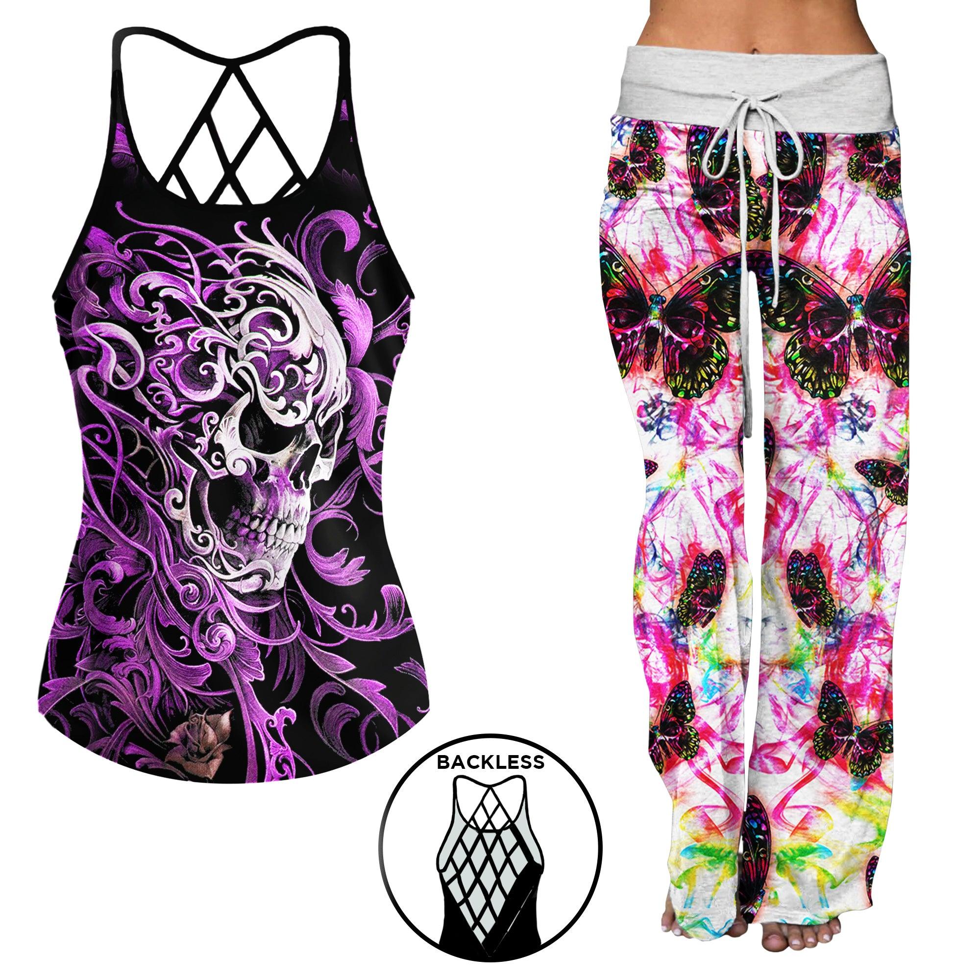 Violet Gothic Skull Butterfly Backless tanktop and Wide Pants Sets - Wonder Skull